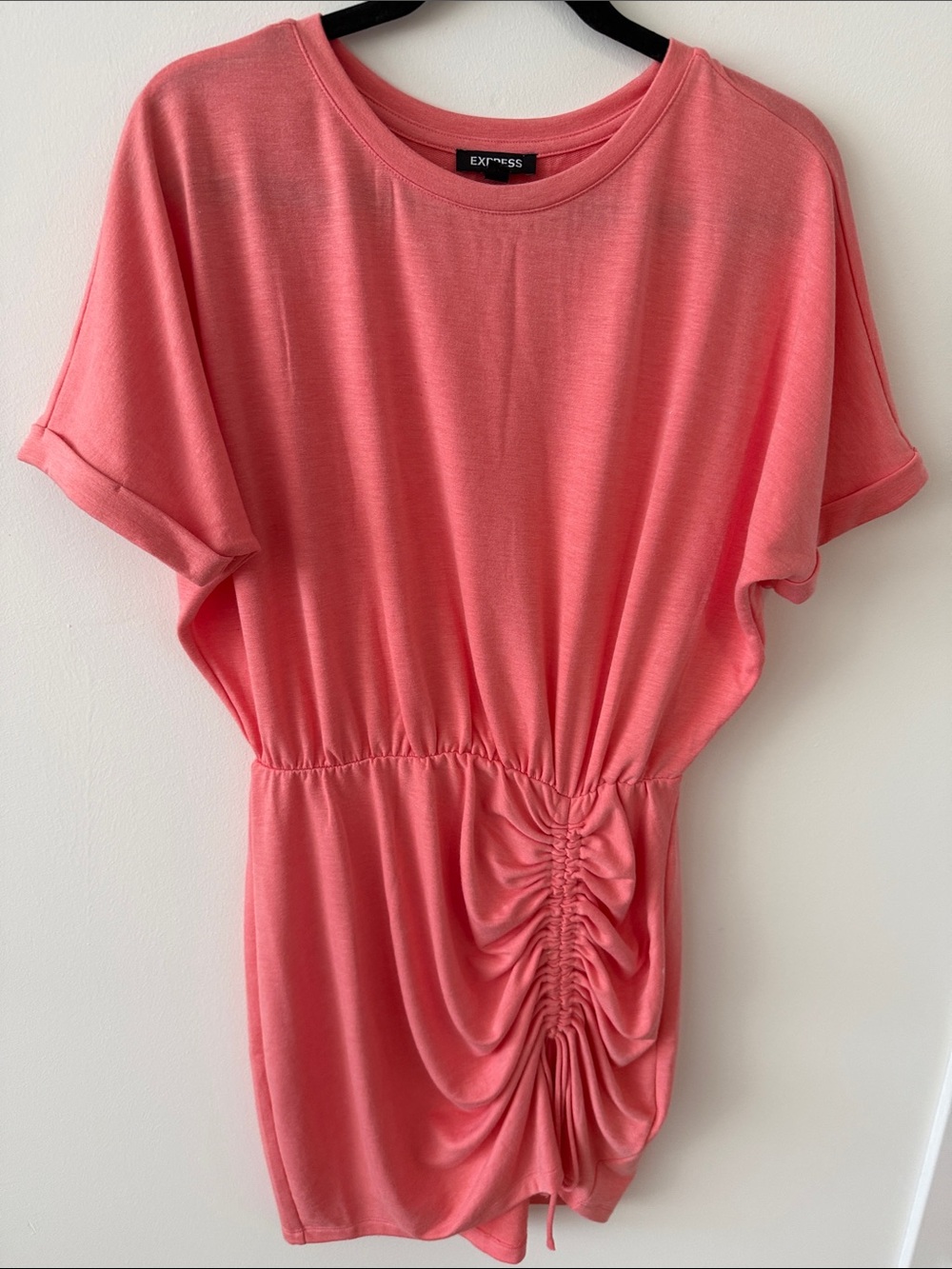 Express Peach Ruched short Sleeve Peach Mini Dress. Size Medium.